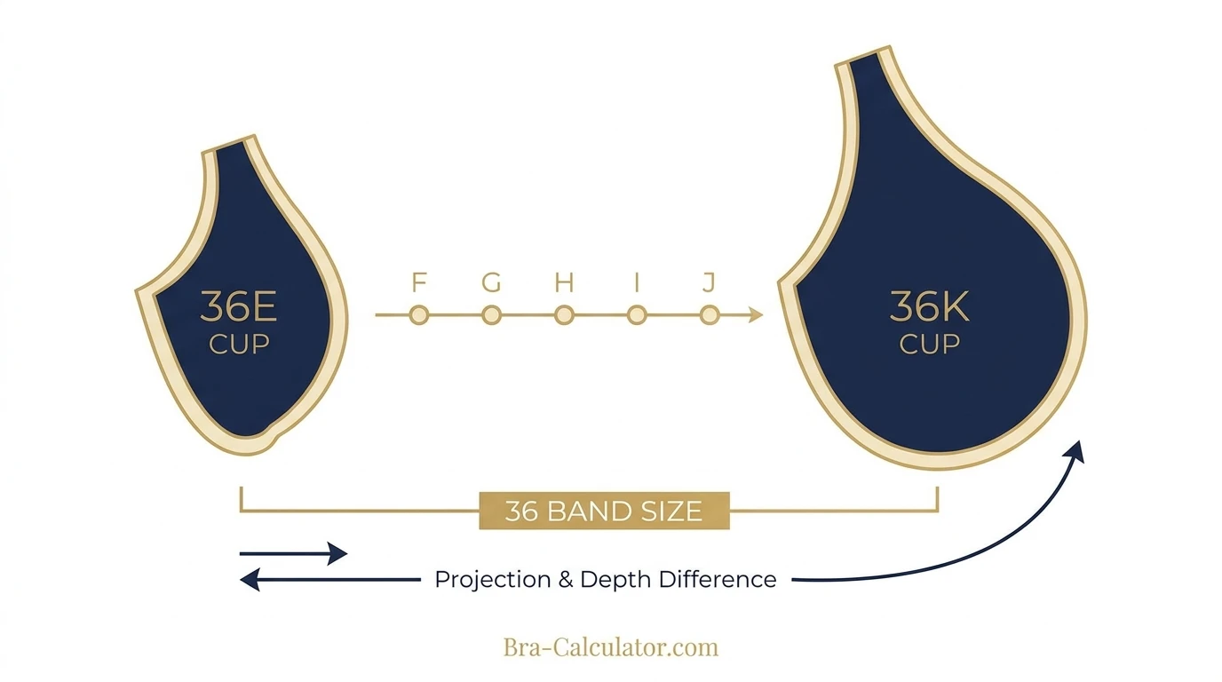 E Cup vs K Cup same-band visual volume comparison infographic