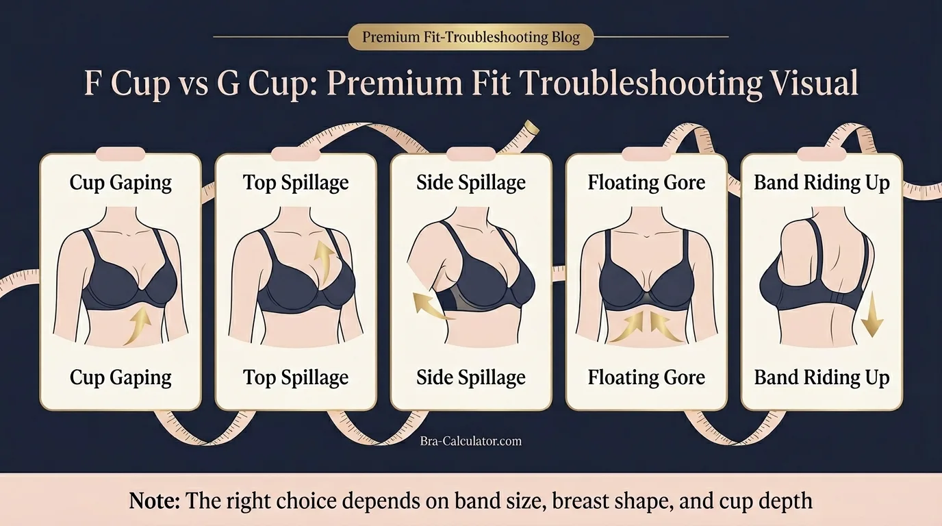 F Cup vs G Cup fit problem diagram showing gaping, spillage, floating gore, and band riding up