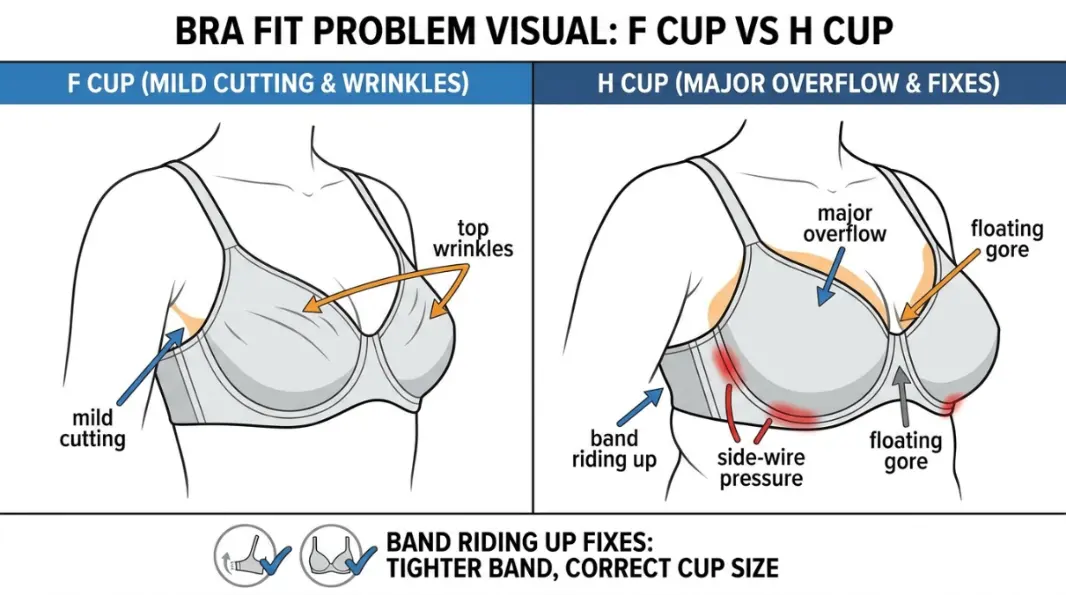 F Cup vs H Cup fit problem diagram showing mild cutting vs major overflow, floating gore, and middle-size checkpoints