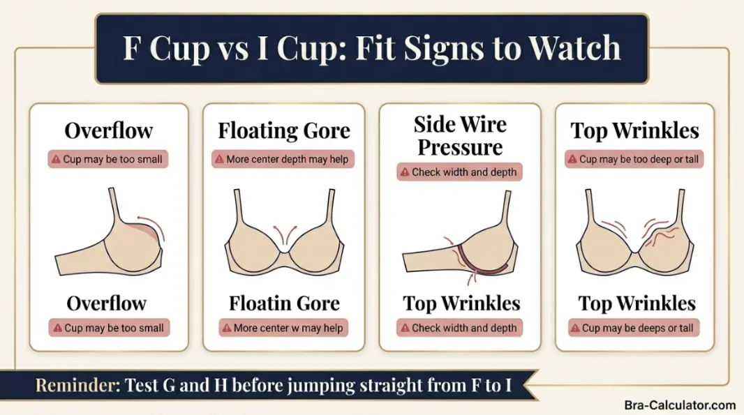 F Cup vs I Cup fit problem diagram showing mild cutting vs major overflow, floating gore, and middle-size checkpoints