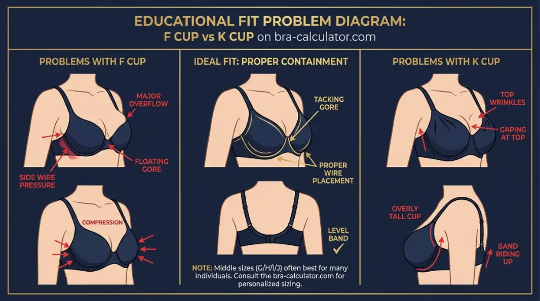 F Cup vs K Cup fit problem diagram showing mild cutting vs major overflow, floating gore, and middle-size checkpoints