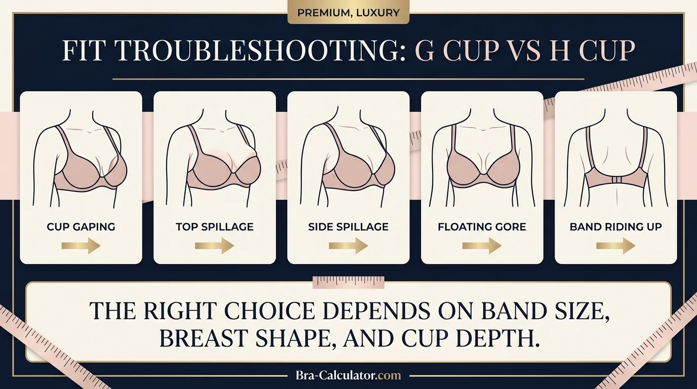 G Cup vs H Cup fit problem diagram showing gaping, spillage, floating gore, and band riding up