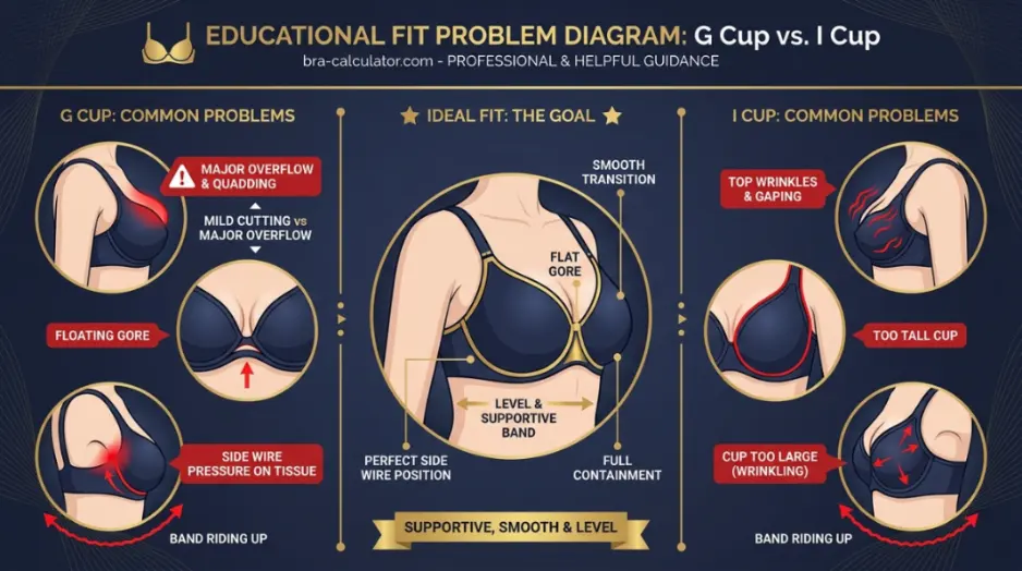 G Cup vs I Cup fit problem diagram showing mild cutting vs major overflow, floating gore, and middle-size checkpoints