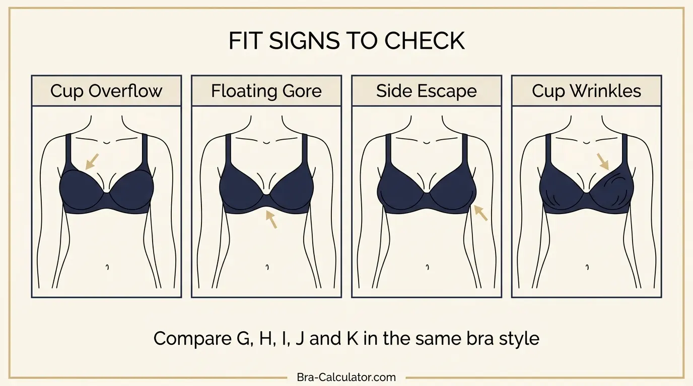 G Cup vs K Cup fit problem diagram showing mild cutting vs major overflow, floating gore, and middle-size checkpoints