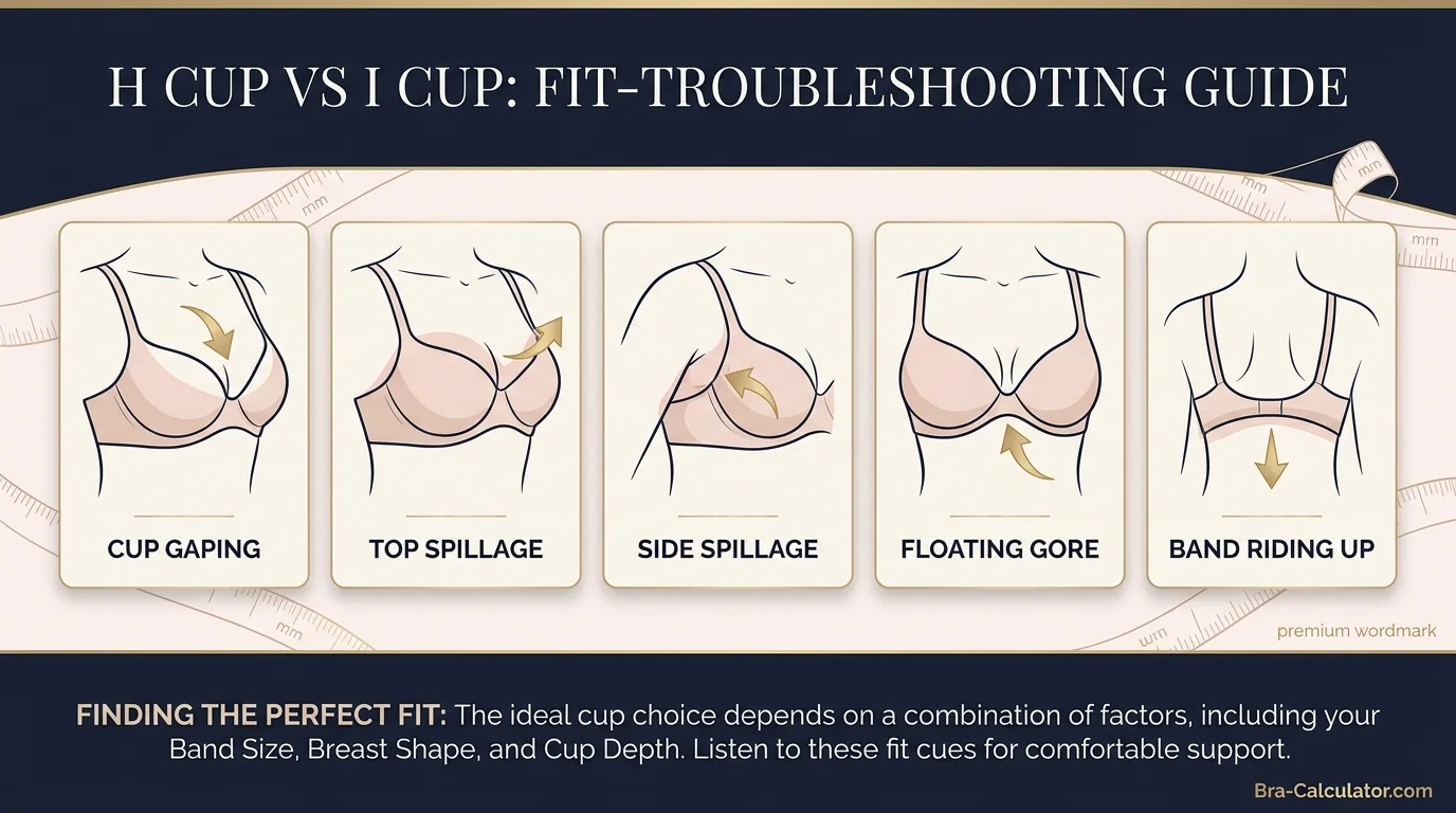 H Cup vs I Cup fit problem diagram showing gaping, spillage, floating gore, and band riding up