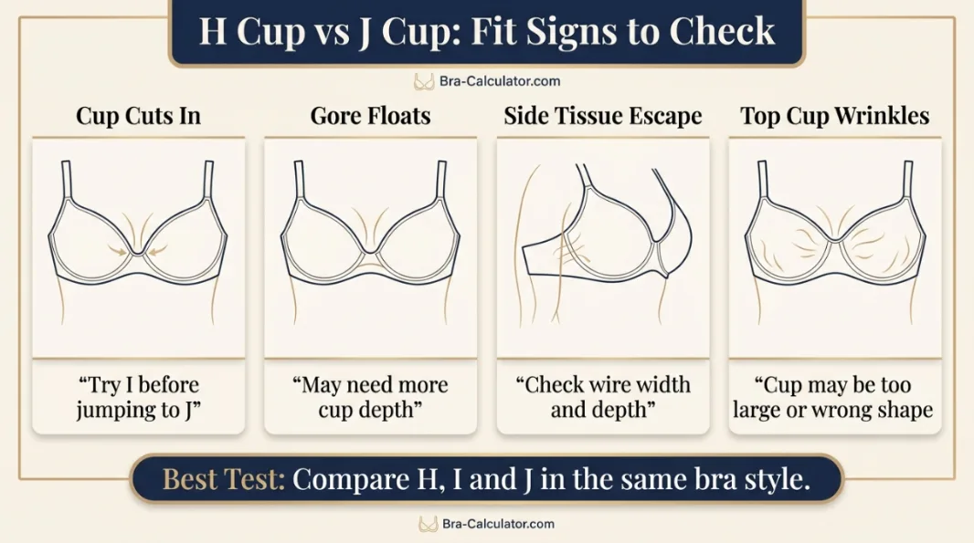 H Cup vs J Cup fit problem diagram showing mild cutting vs major overflow, floating gore, and middle-size checkpoints