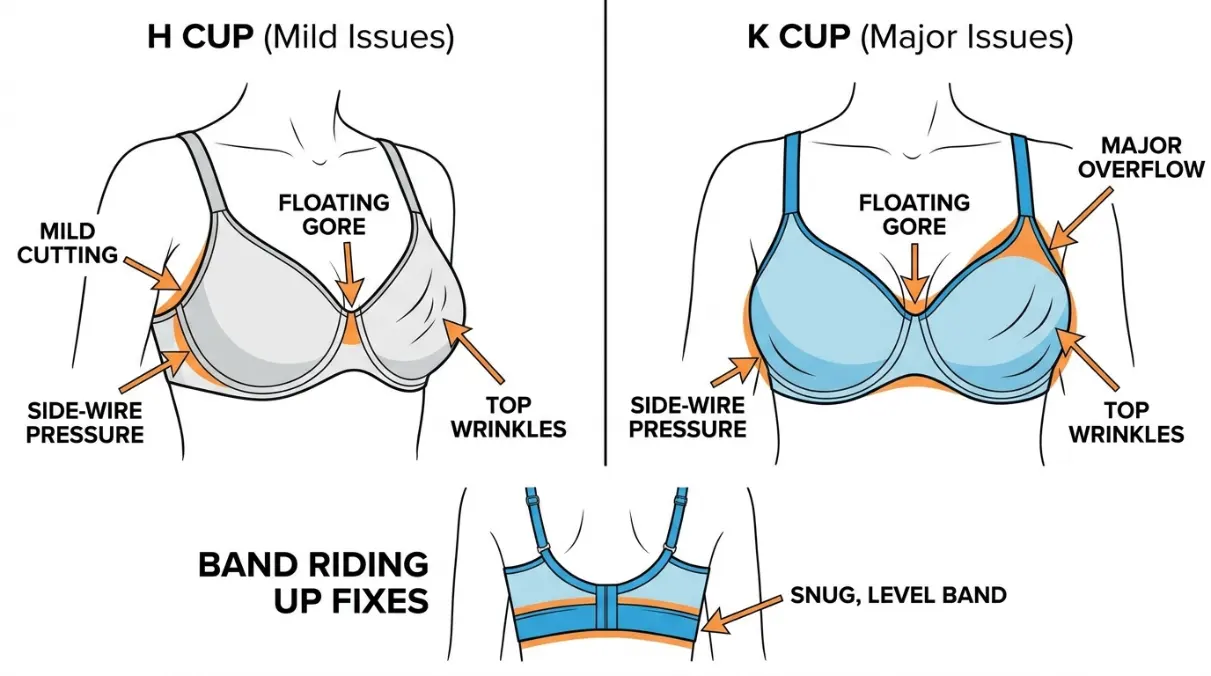 H Cup vs K Cup fit problem diagram showing mild cutting vs major overflow, floating gore, and middle-size checkpoints