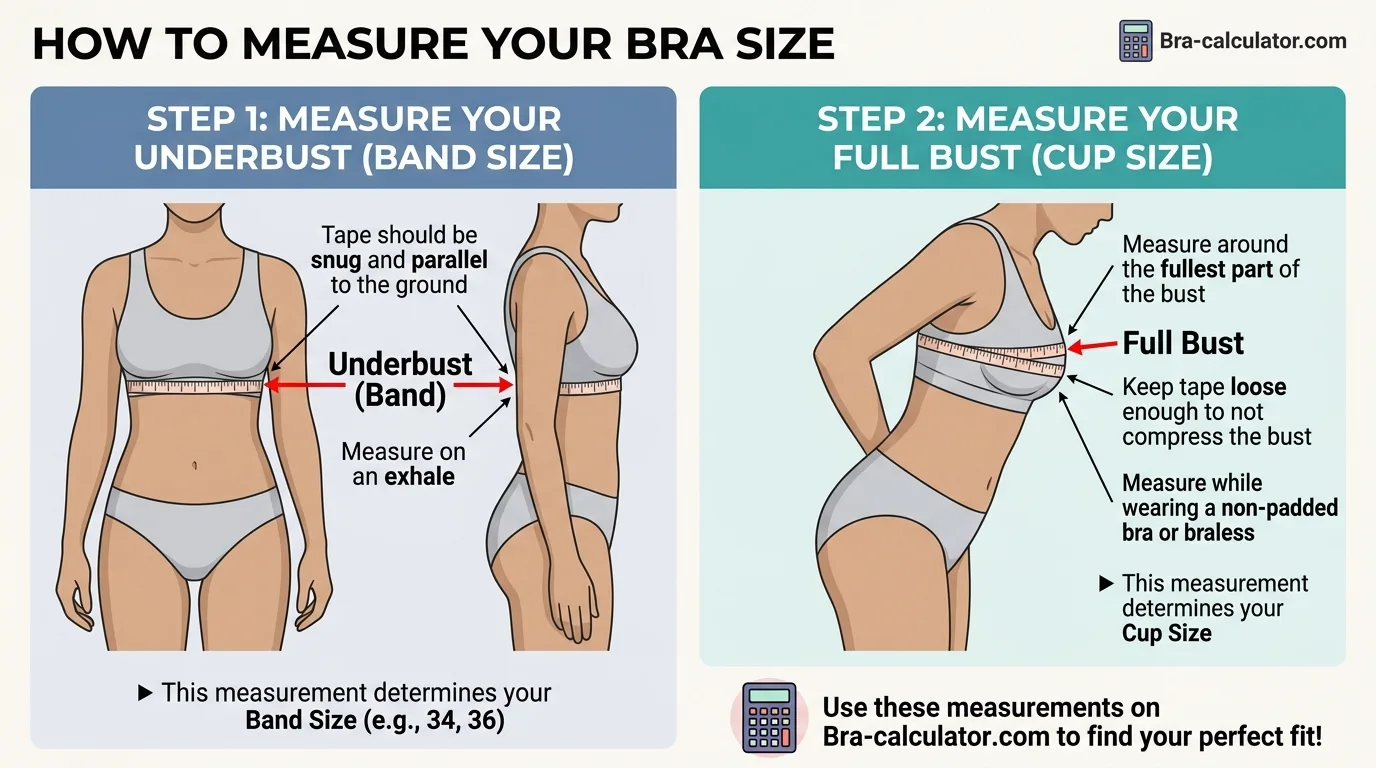 Diagram showing how to measure underbust and full bust for bra size calculation
