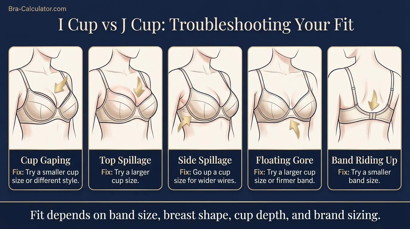 I Cup vs J Cup fit problem diagram showing gaping, spillage, floating gore, and band riding up