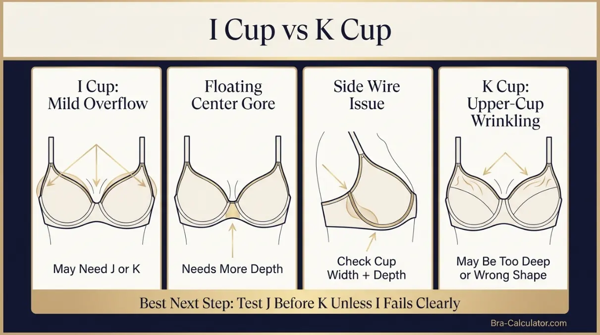 I Cup vs K Cup fit problem diagram showing mild cutting vs major overflow, floating gore, and middle-size checkpoints