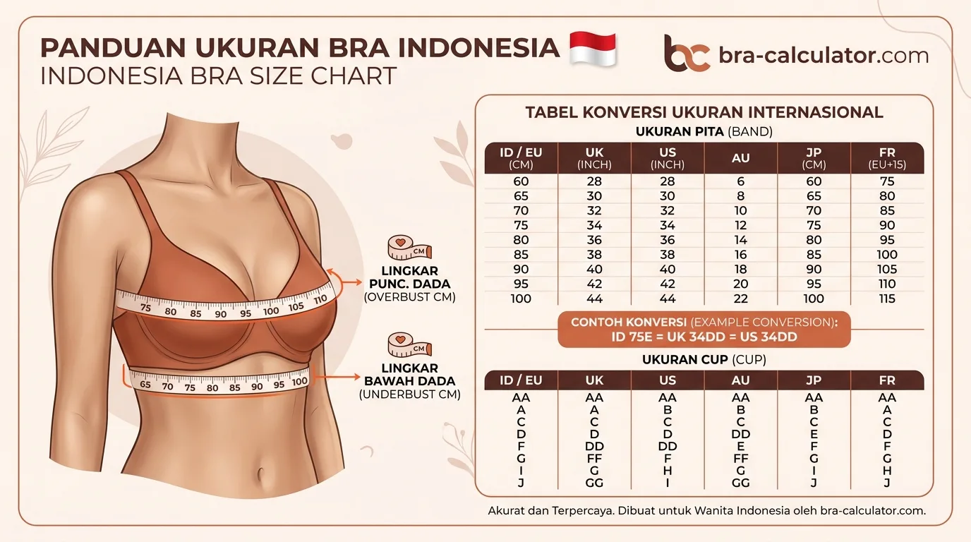 Indonesia bra size conversion chart comparing Indonesian EU bands with UK US AU JP and FR bra sizing systems