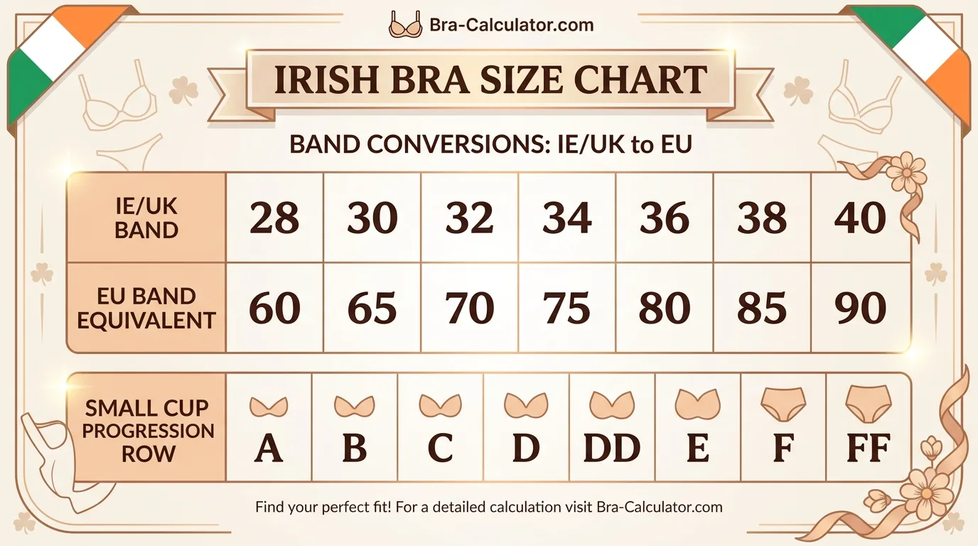 Ireland bra size conversion chart comparing Irish UK bands with EU US AU and FR bra sizing systems