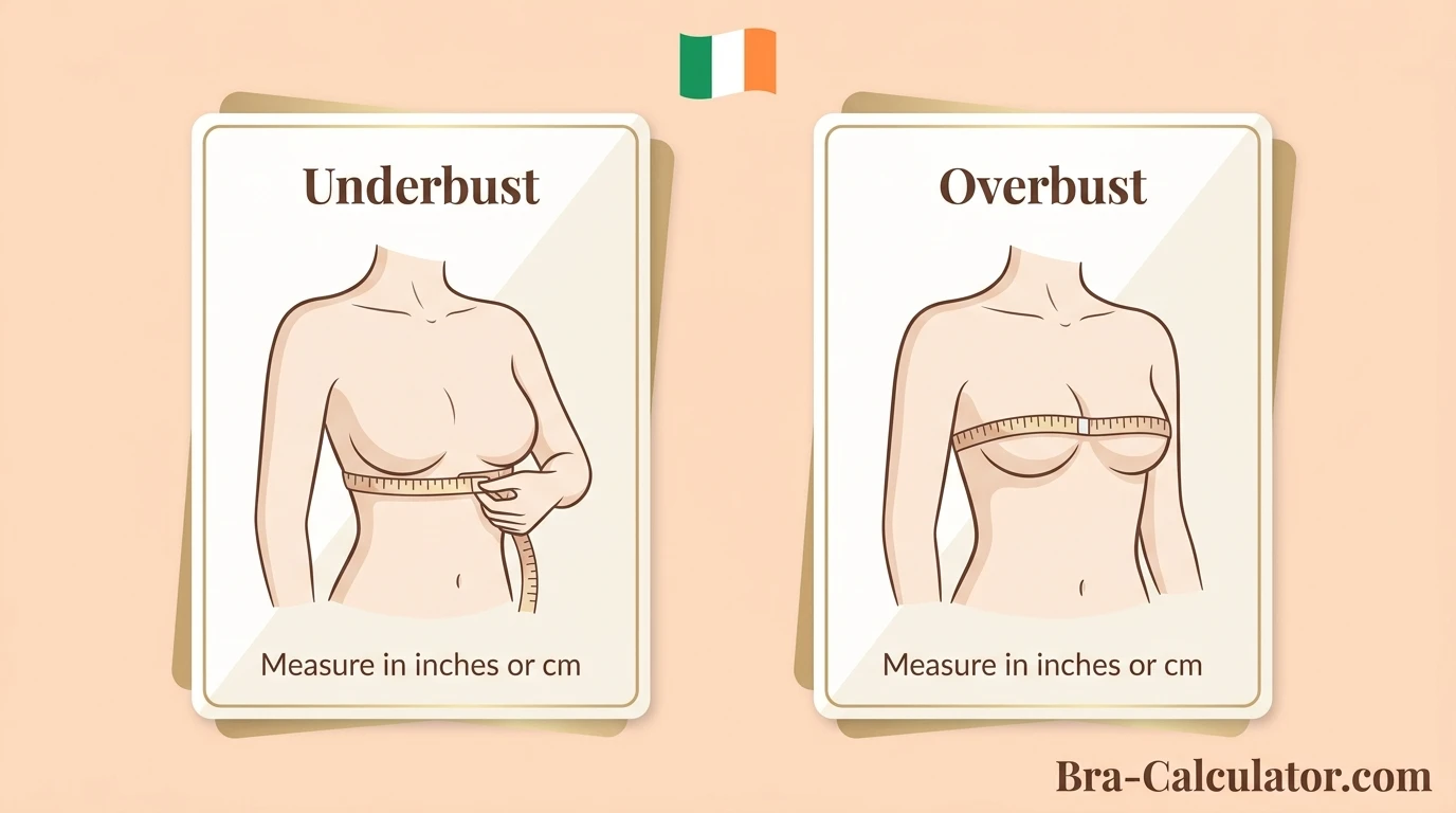 Ireland bra size measurement guide showing underbust and overbust measurement with tape in inches for accurate Irish UK bra fitting