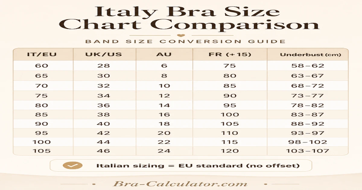 Italy bra size conversion chart comparing Italian EU bands with UK US AU and FR bra sizing systems