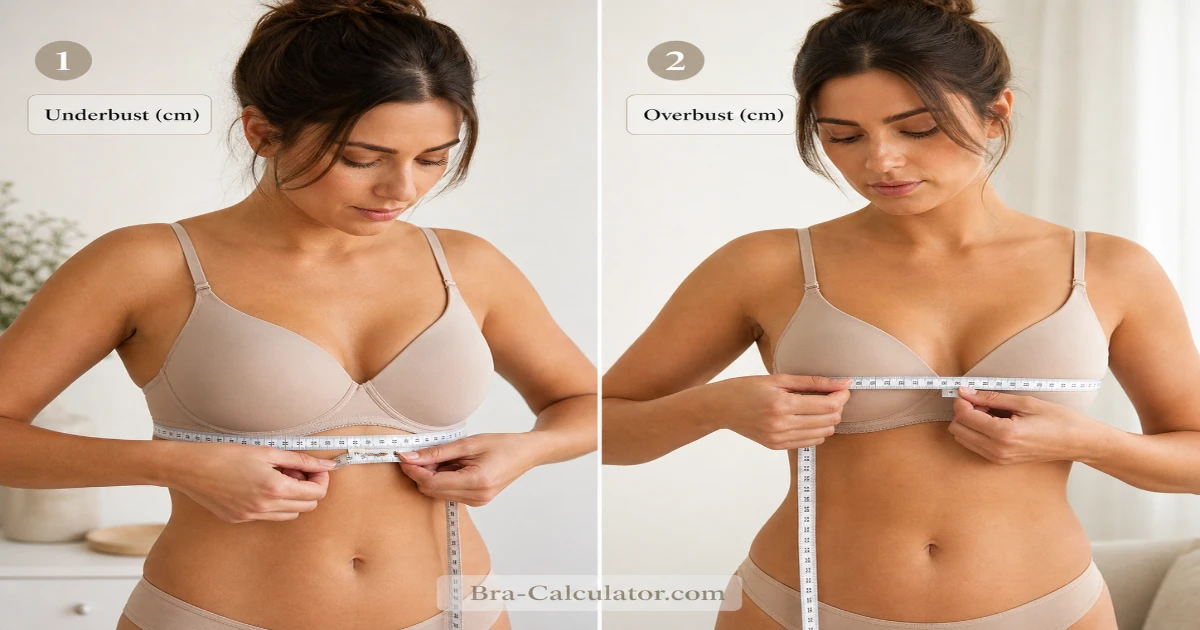 Italy bra size measurement guide showing underbust and overbust measurement with tape in centimetres for accurate Italian EU bra fitting