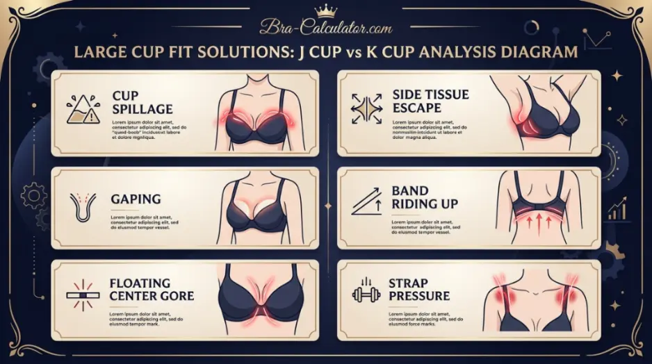 J Cup vs K Cup fit problem diagram showing gaping, spillage, floating gore, and band riding up