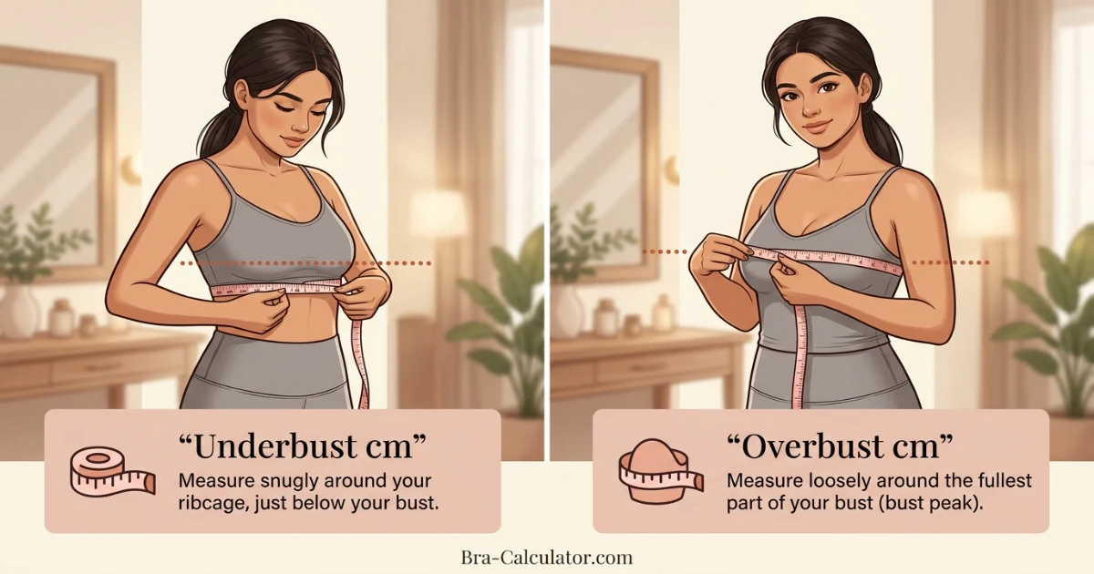 Malaysia bra size measurement guide showing underbust and overbust measurement in centimetres