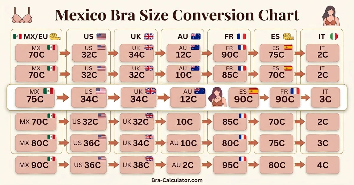 Mexico bra size conversion chart comparing Mexican EU bands with US UK AU and FR bra sizing systems