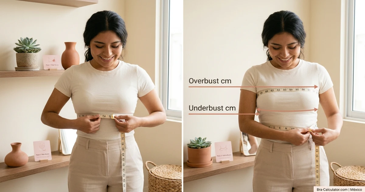 Mexico bra size measurement guide showing underbust and overbust measurement with tape in centimetres for accurate Mexican EU bra fitting