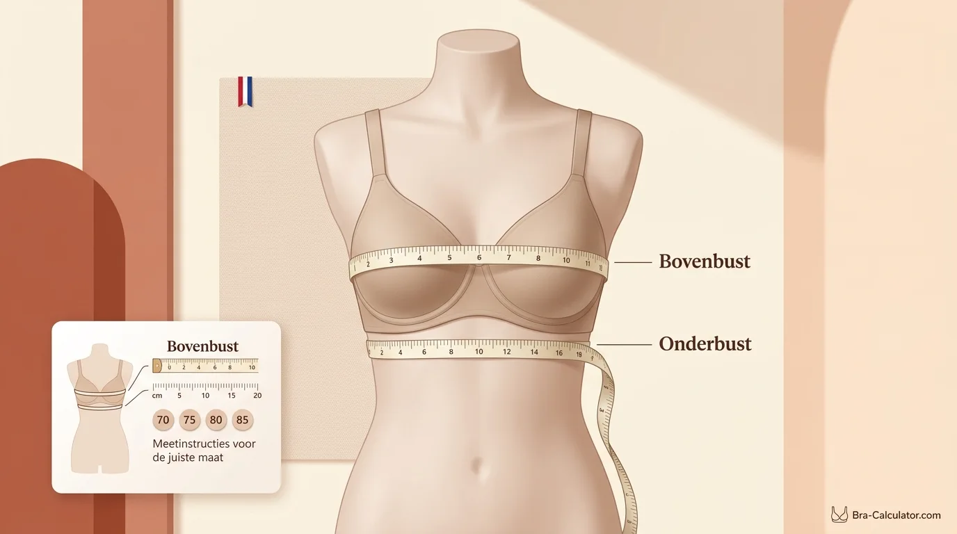 Netherlands bra size measurement guide showing onderbust and bovenbust measurement in centimetres for accurate Dutch EU bra sizing