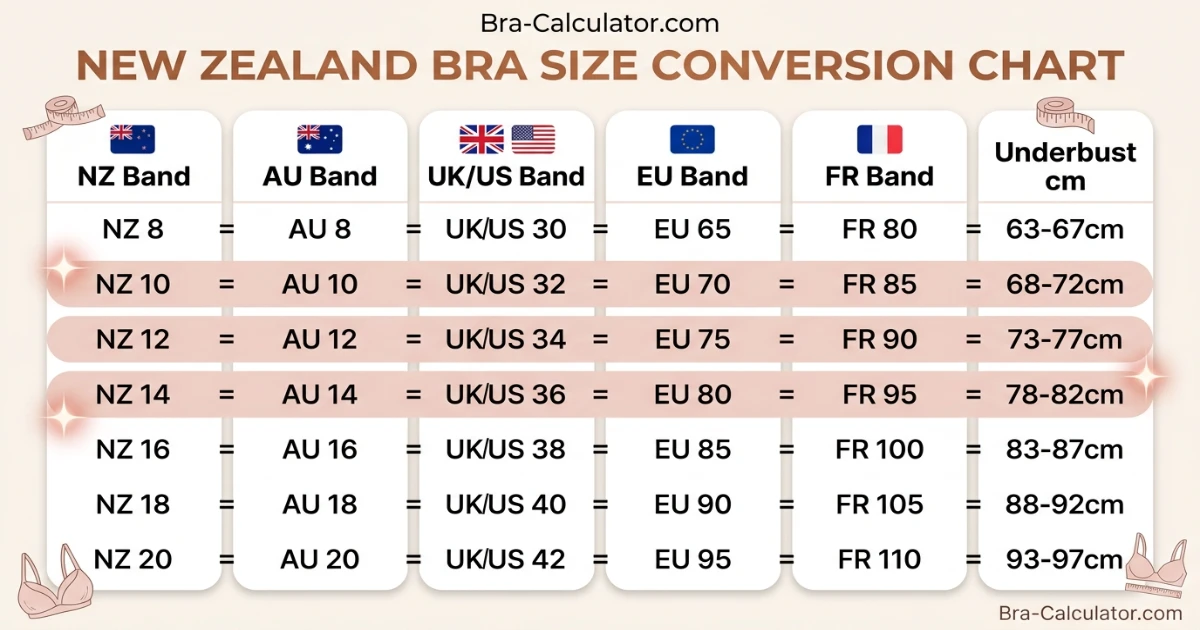 New Zealand bra size conversion chart comparing NZ dress-size bands with AU UK US EU and FR bra sizing systems