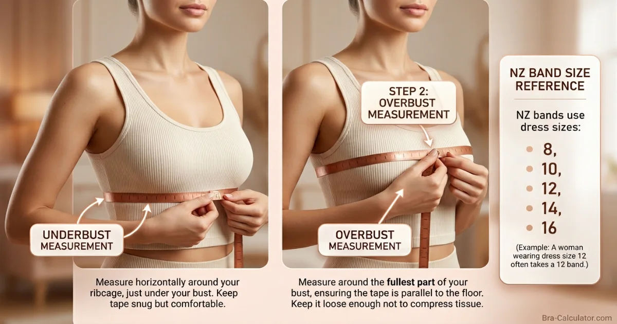 New Zealand bra size measurement guide showing underbust and overbust measurement with tape for accurate NZ bra fitting