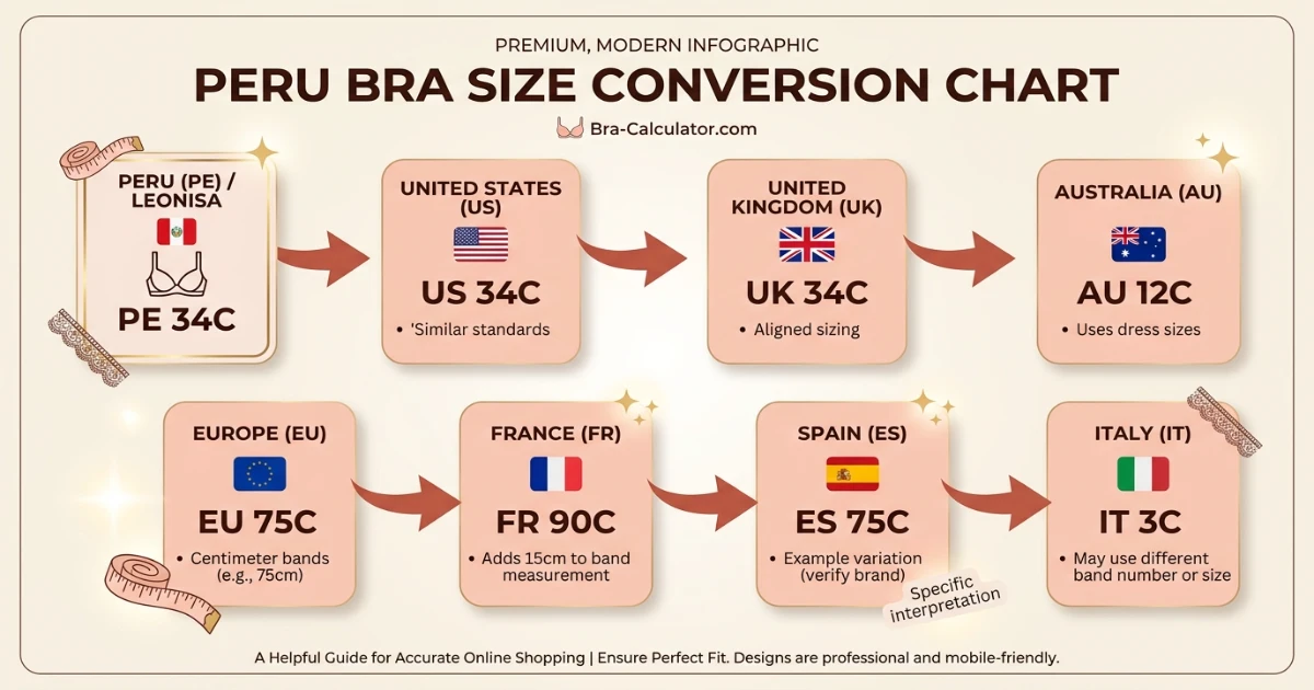 Peru bra size conversion chart comparing Peru US-style bands with US UK AU and FR bra sizing systems