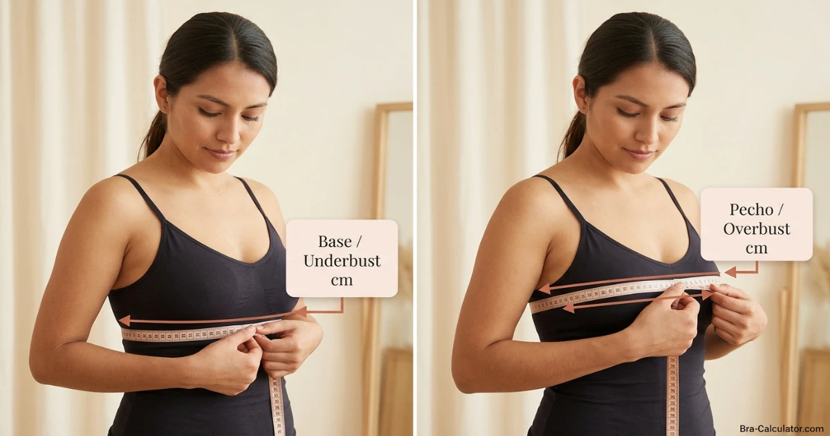 Peru bra size measurement guide showing underbust and overbust measurement with tape in centimetres for accurate Peru US-style bra fitting