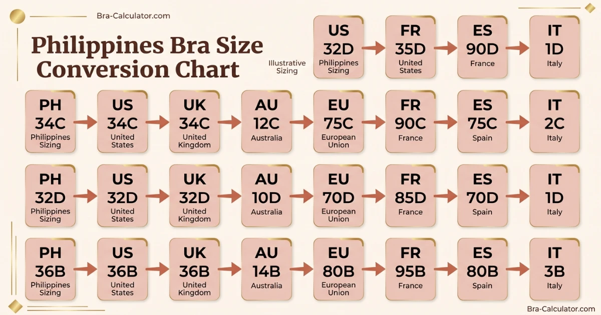 Philippines bra size conversion chart comparing Philippines US-style bands with US UK AU and FR bra sizing systems