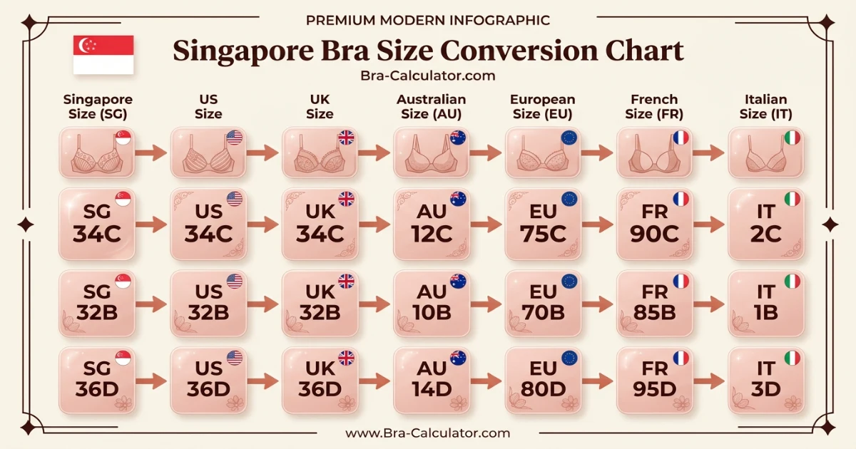 Singapore bra size conversion chart comparing Singapore US-style bands with US UK AU and FR bra sizing systems