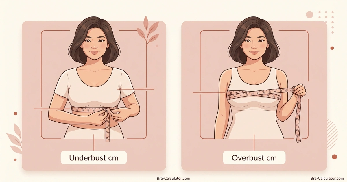 Singapore bra size measurement guide showing underbust and overbust measurement with tape in centimetres for accurate Singapore US-style bra fitting