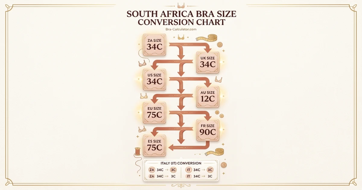 South Africa bra size conversion chart comparing South Africa US-style bands with US UK AU and FR bra sizing systems