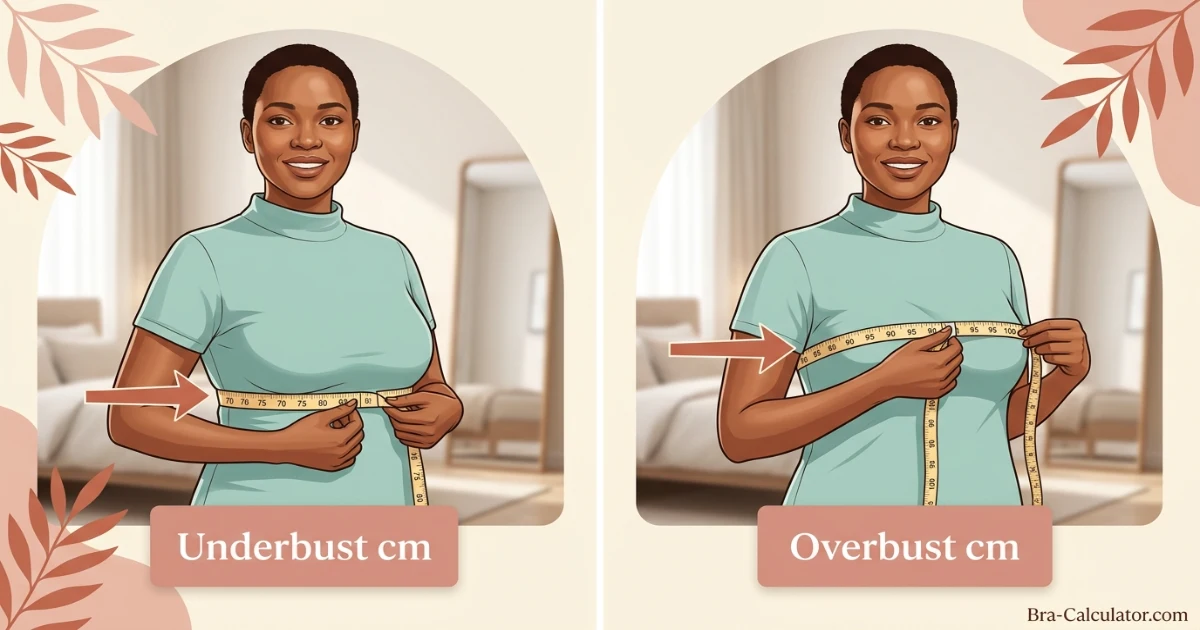 South Africa bra size measurement guide showing underbust and overbust measurement with tape in centimetres for accurate South Africa US-style bra fitting