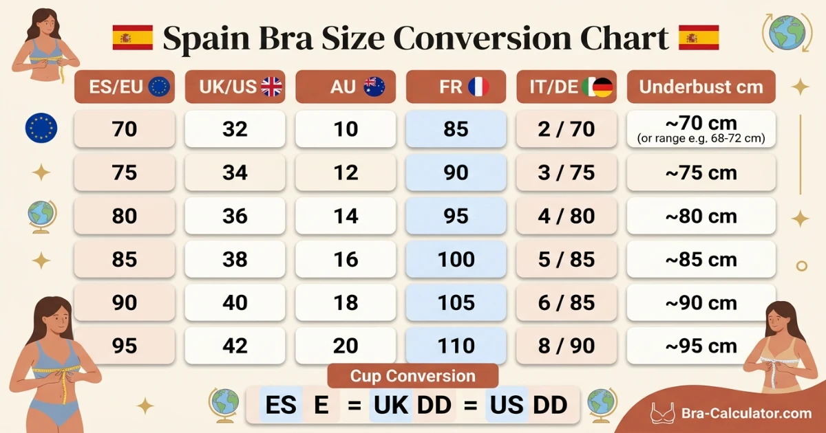 Spain bra size conversion chart comparing Spanish EU bands with UK US AU FR and IT bra sizing systems