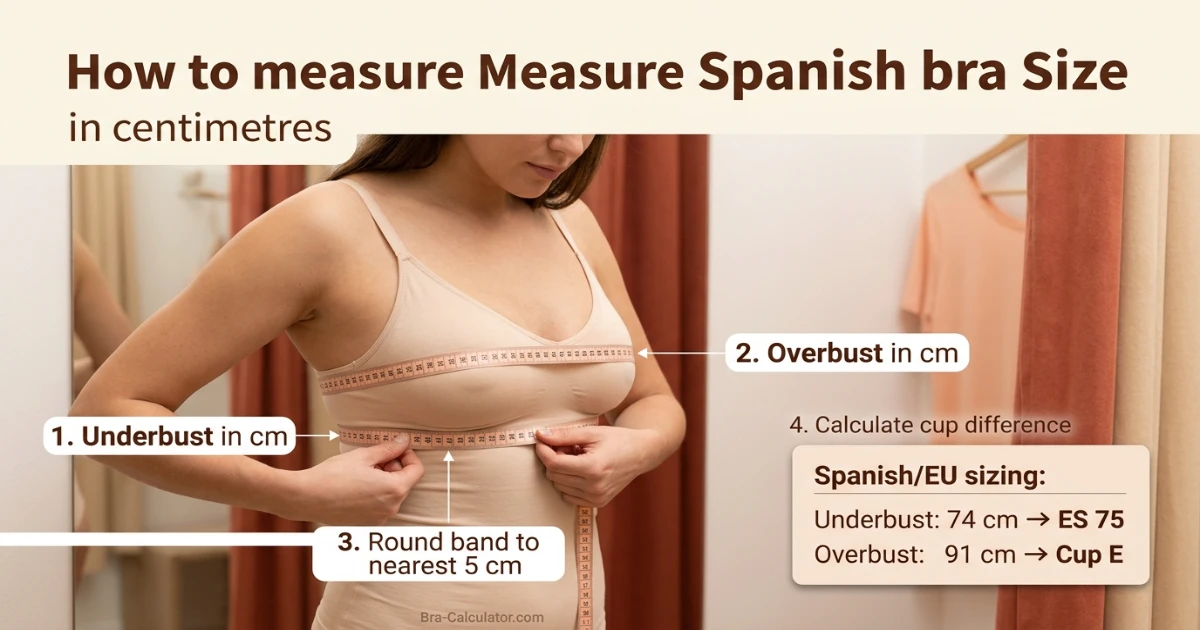 Spain bra size measurement guide showing underbust and overbust measurement with tape in centimetres for accurate Spanish EU bra fitting