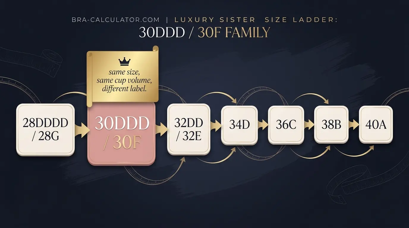 Sister size ladder showing 28DDDD (28G), 30DDD/30F, 32DD (32E), 34D, 36C, 38B, and 40A all holding equal cup volume β the same family regardless of which label you use