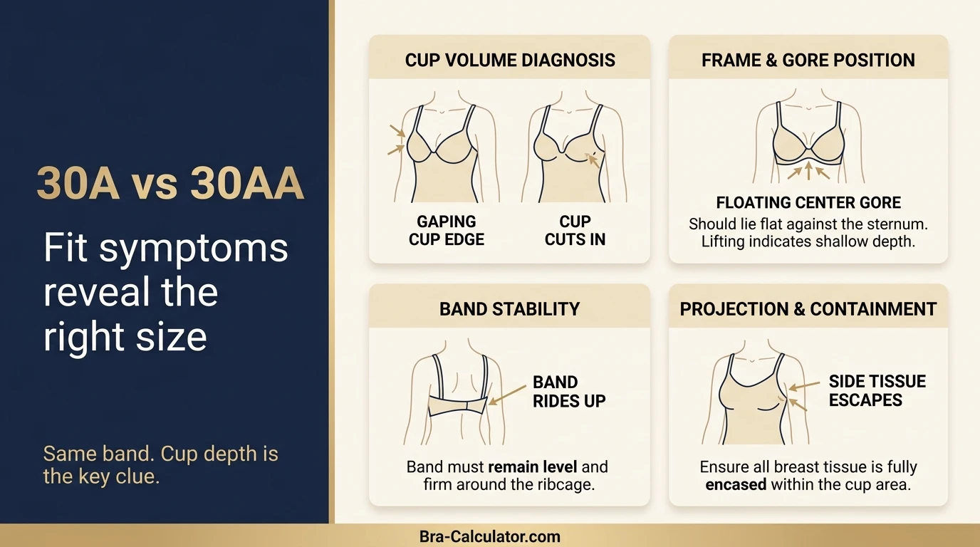 30A vs 30AA fit problem diagram showing gaping spillage floating gore band riding up and side tissue issues