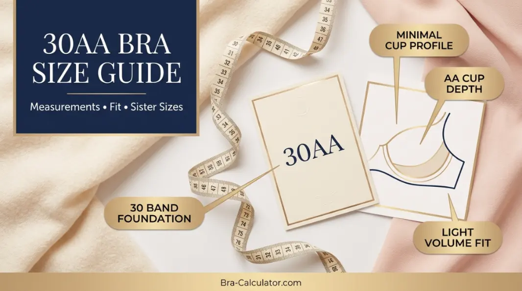 30AA bra size guide hero graphic with measurement tape and navy gold branding