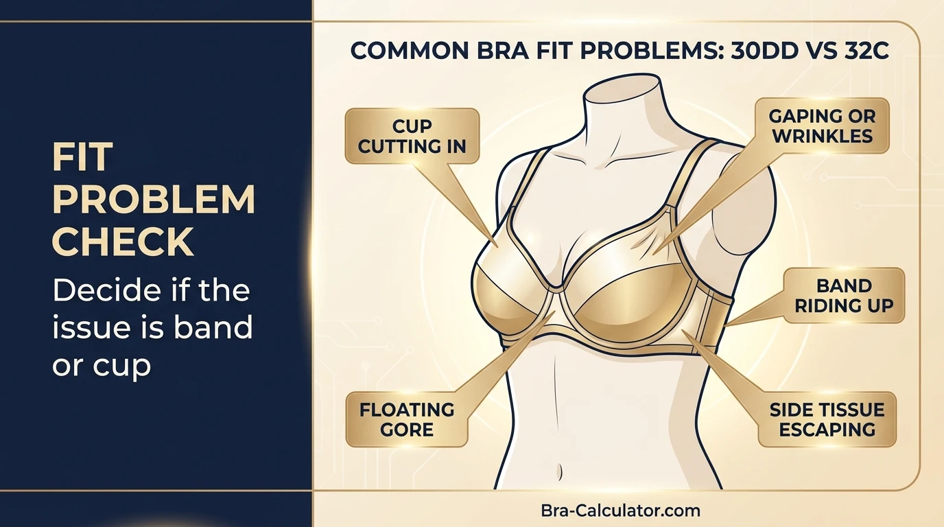 30DD vs 32C fit problem diagram showing gaping spillage floating gore band riding up and side tissue issues