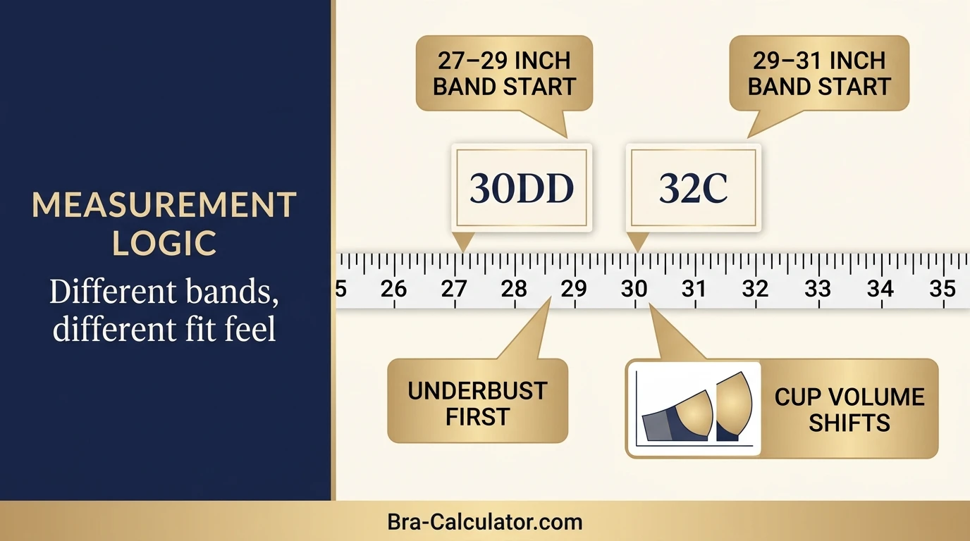 30DD vs 32C measurement logic diagram showing band starting point and cup-volume comparison