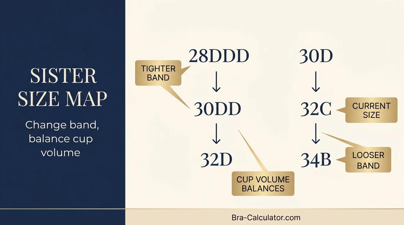 30DD vs 32C sister size guide showing tighter-band and looser-band alternatives