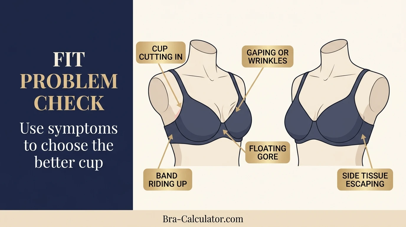 30DDD vs 30E fit problem diagram showing gaping spillage floating gore band riding up and side tissue issues