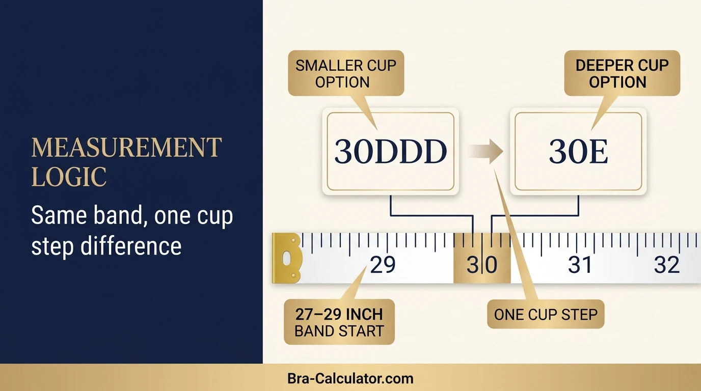 30DDD vs 30E measurement logic diagram showing band starting point and cup-volume comparison
