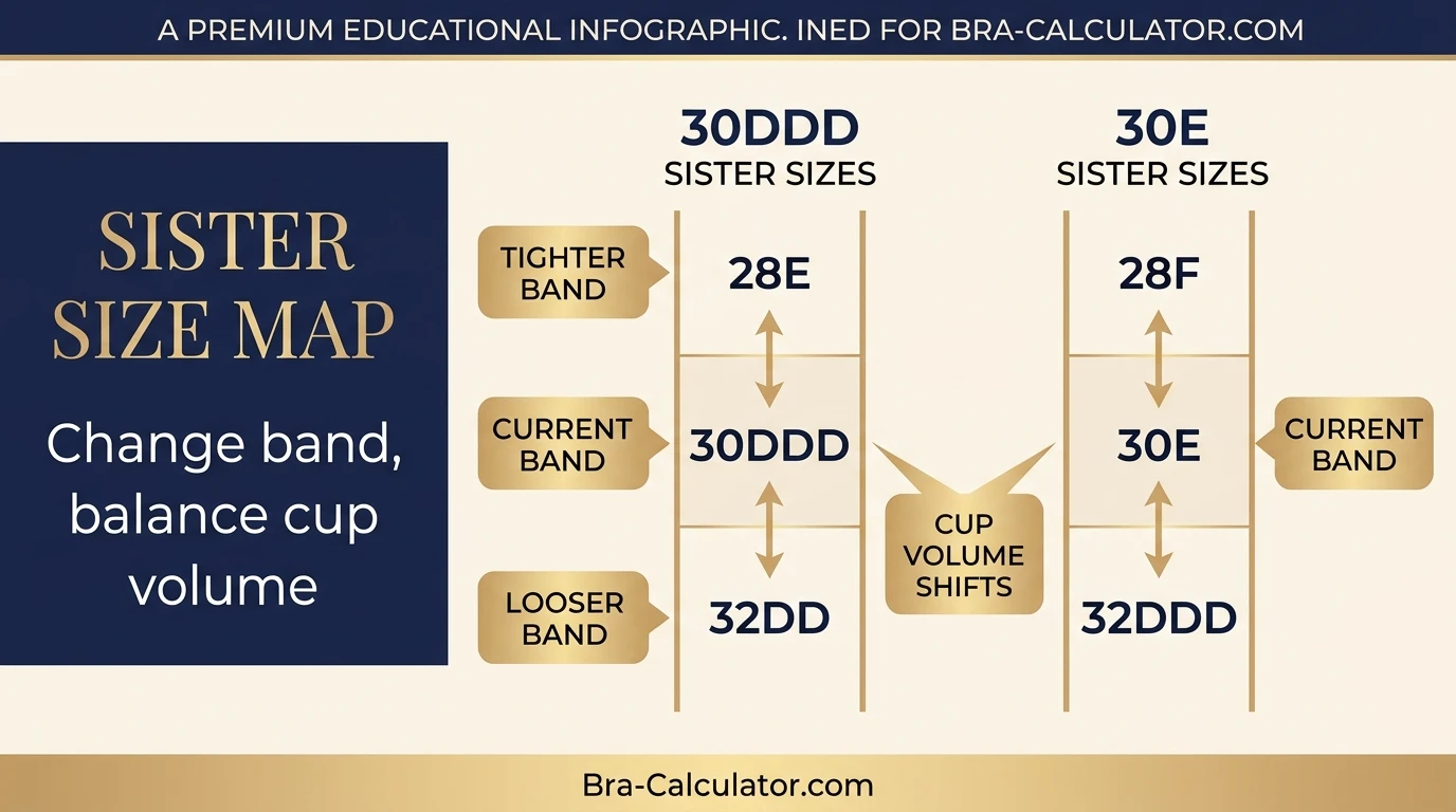 30DDD vs 30E sister size guide showing tighter-band and looser-band alternatives