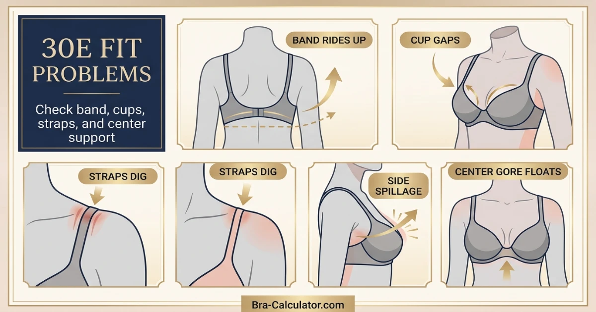 30E bra fit problems showing gaping spillage side tissue strap digging and band riding up