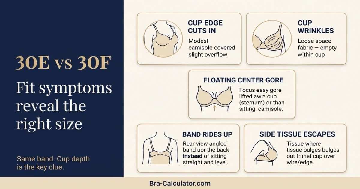 30E vs 30F fit problem diagram showing gaping spillage floating gore band riding up and side tissue issues