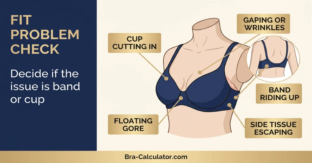 30E vs 32D fit problem diagram showing gaping spillage floating gore band riding up and side tissue issues
