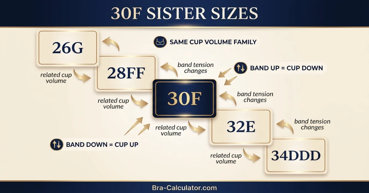 30F sister size ladder showing nearby equivalent bra sizes