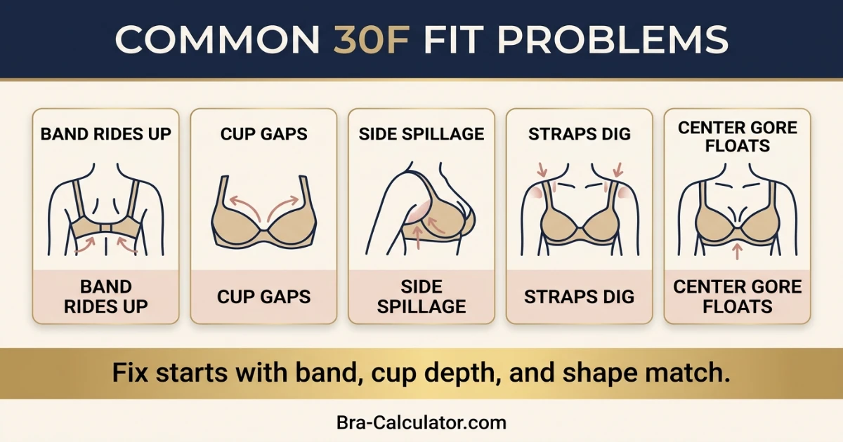30F bra fit problems showing gaping spillage side tissue strap digging and band riding up