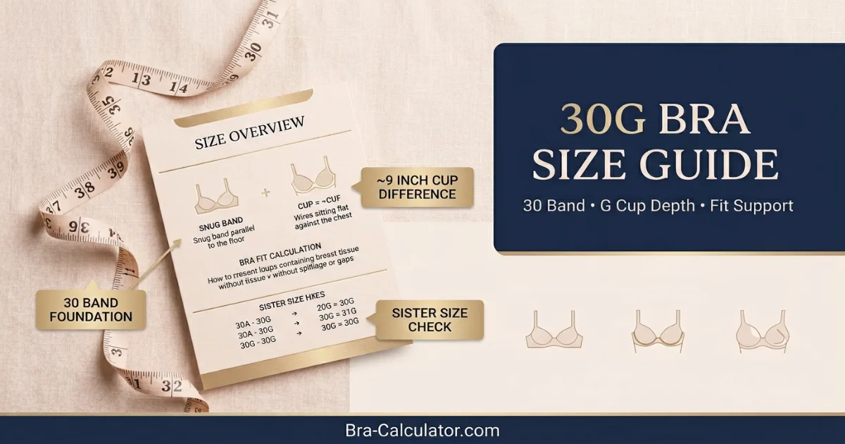 30G bra size guide hero graphic with measurement tape and navy gold branding
